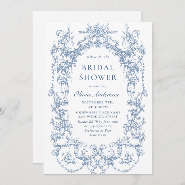 Victorian Ornate Dusty Blue Bridal Shower QR code Invitation (Front/Back)