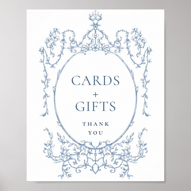Victorian Ornate Dusty Blue Floral Cards and Gifts Poster (Front)
