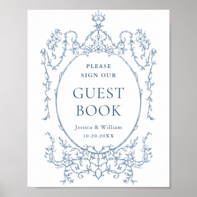 Victorian Ornate Dusty Blue Floral Guestbook Sign (Front)