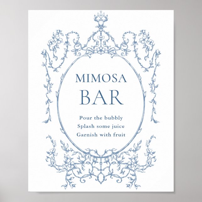 Victorian Ornate Dusty Blue Floral Mimosa Bar Sign (Front)