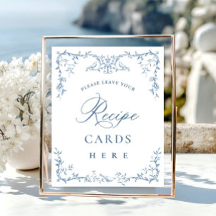 Victorian Ornate Dusty Blue Floral Recipe Cards Poster