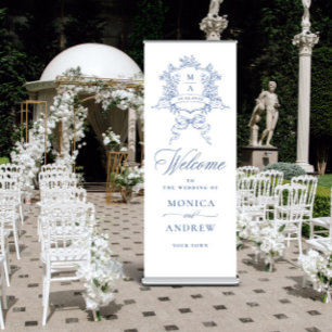 Victorian Ornate Dusty Blue Wedding WELCOME Retractable Banner
