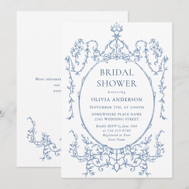 Victorian Ornate Floral Dusty Blue Bridal Shower Invitation (Front/Back)
