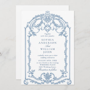 Victorian Ornate Floral Dusty Blue QR code Wedding Invitation