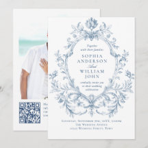 Victorian Ornate Floral Dusty Blue QR code Wedding