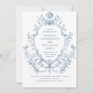 Victorian Ornate Floral Dusty Blue QR code Wedding Invitation