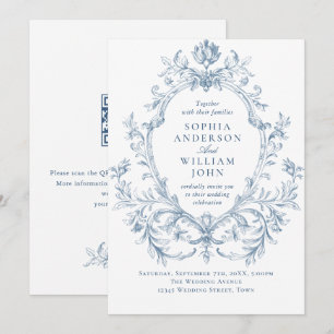 Victorian Ornate Floral Dusty Blue QR code Wedding Invitation
