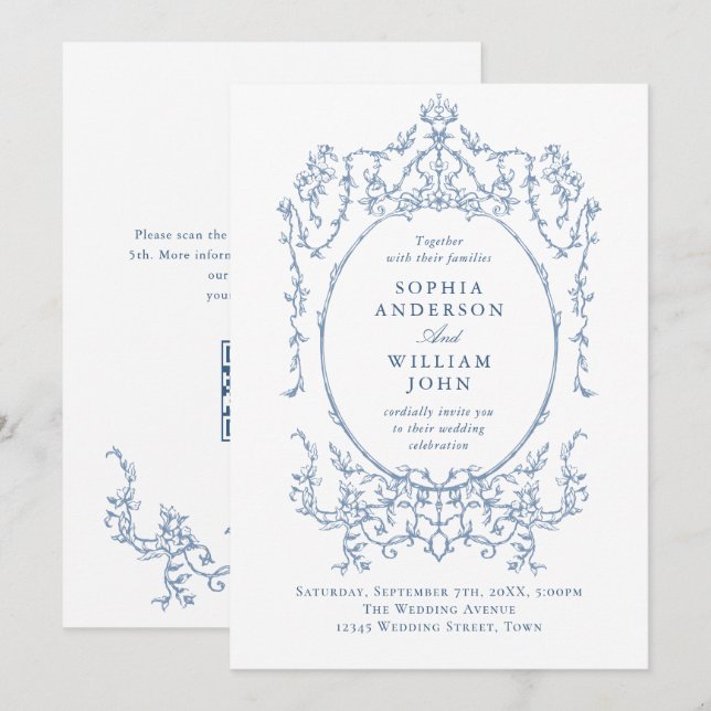 Victorian Ornate Floral Dusty Blue QR code Wedding Invitation (Front/Back)
