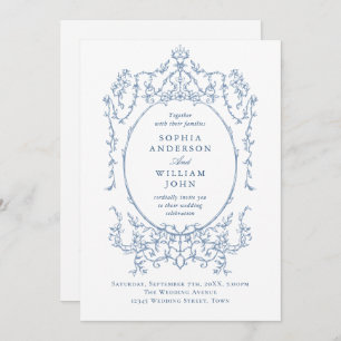 Victorian Ornate Floral Dusty Blue QR code Wedding Invitation