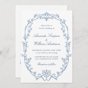 Victorian Ornate Floral Dusty Blue QR code Wedding Invitation