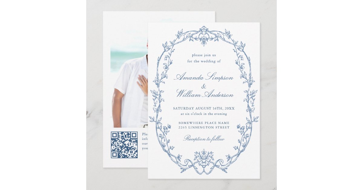 Victorian Ornate Floral Dusty Blue QR code Wedding Invitation | Zazzle