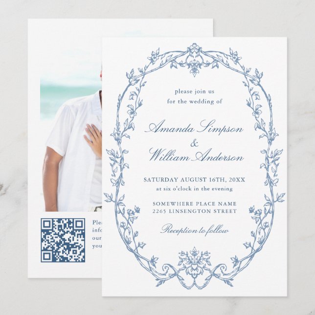 Victorian Ornate Floral Dusty Blue QR code Wedding Invitation (Front/Back)