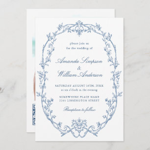 Victorian Ornate Floral Dusty Blue QR code Wedding Invitation