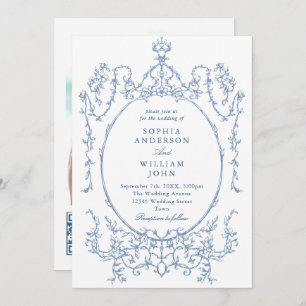 Victorian Ornate Floral Dusty Blue QR code Wedding Invitation