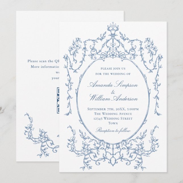 Victorian Ornate Floral Dusty Blue QR code Wedding Invitation (Front/Back)