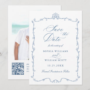 Victorian Ornate Floral Dusty Blue Wedding Photo Save The Date