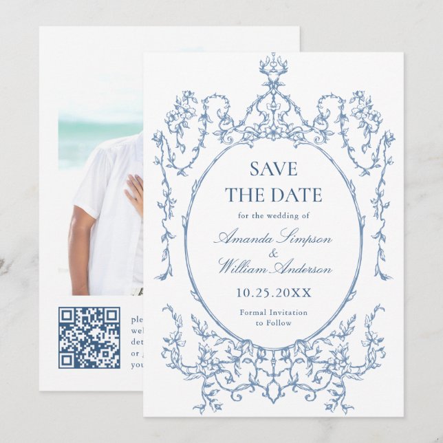 Victorian Ornate Floral Dusty Blue Wedding Photo Save The Date (Front/Back)