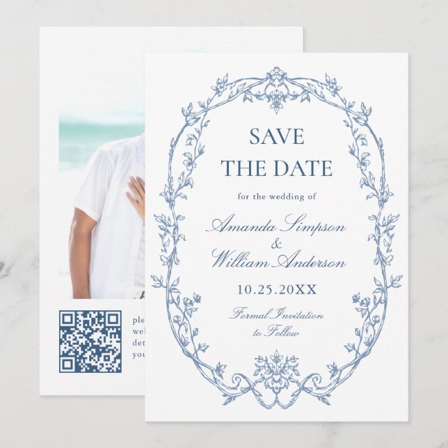 Victorian Ornate Floral Dusty Blue Wedding Photo Save The Date (Front/Back)