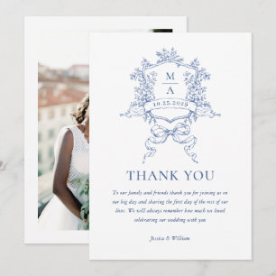 Victorian Ornate Floral Dusty Blue Wedding Photo Thank You Card