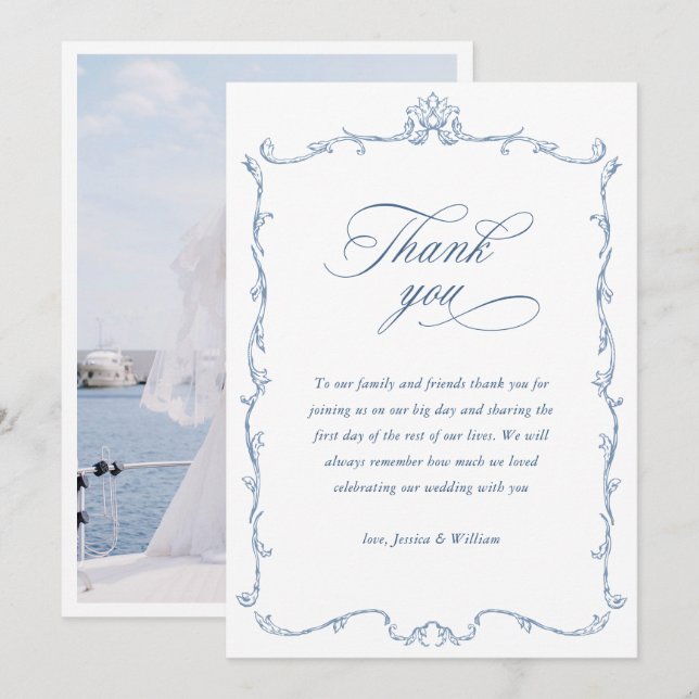 Victorian Ornate Floral Dusty Blue Wedding Photo Thank You Card (Front/Back)