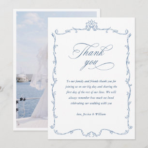 Victorian Ornate Floral Dusty Blue Wedding Photo Thank You Card