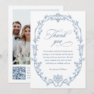 Victorian Ornate Floral Dusty Blue Wedding QR cod Thank You Card