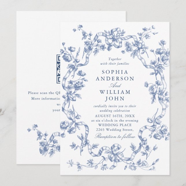 Victorian Ornate Floral Dusty Blue Wedding QR code Invitation (Front/Back)