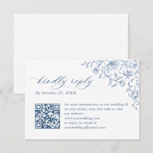 Victorian Ornate Floral Dusty Blue Wedding QR code RSVP Card