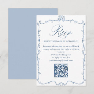 Victorian Ornate Floral Dusty Blue Wedding QR code RSVP Card