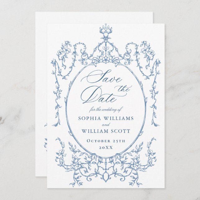 Victorian Ornate Floral Dusty Blue Wedding QR code Save The Date (Front/Back)