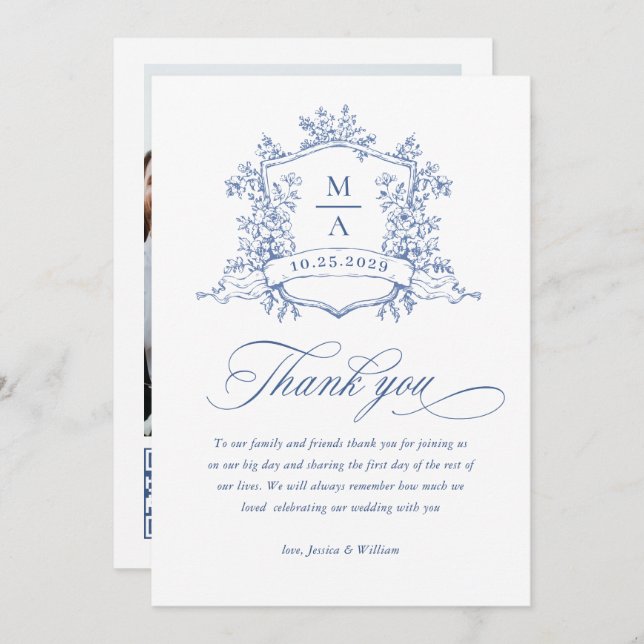 Victorian Ornate Floral Dusty Blue Wedding QR code Thank You Card (Front/Back)