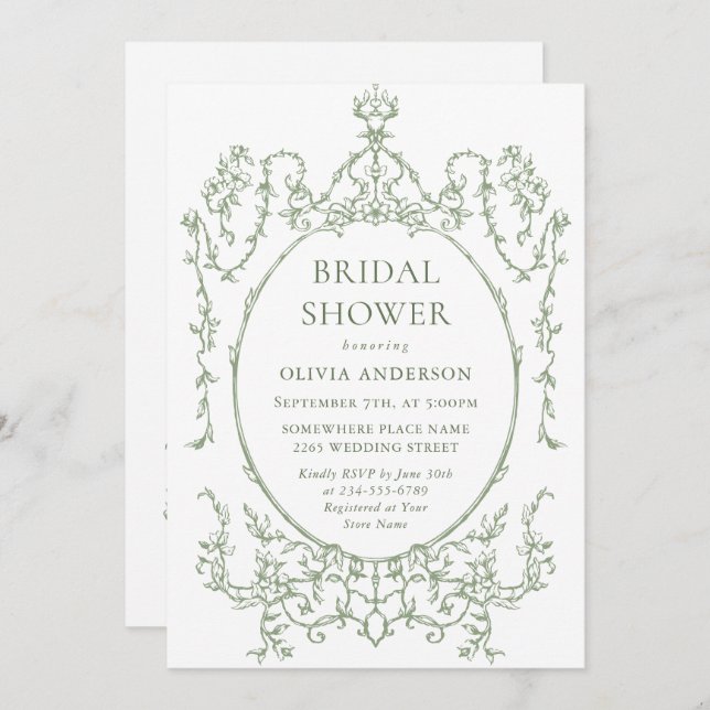 Victorian Ornate Floral Sage Green Bridal Shower Invitation (Front/Back)