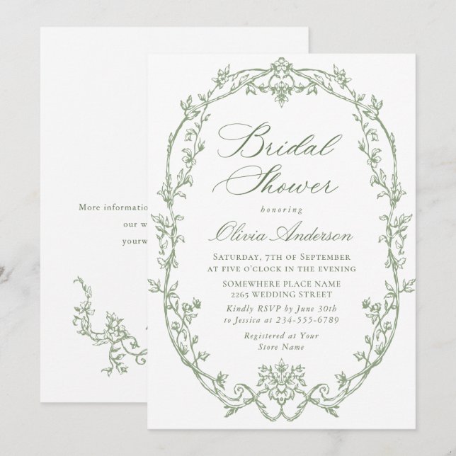 Victorian Ornate Floral Sage Green Bridal Shower Invitation (Front/Back)
