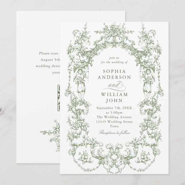 Victorian Ornate Floral Sage Green QR code Wedding Invitation (Front/Back)