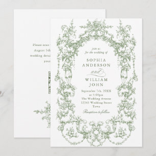 Victorian Ornate Floral Sage Green QR code Wedding Invitation