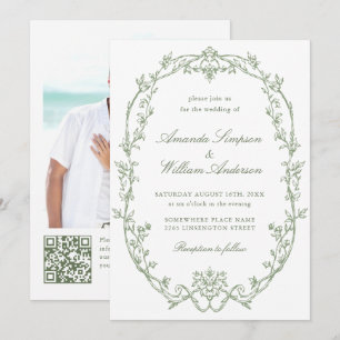 Victorian Ornate Floral Sage Green QR code Wedding Invitation