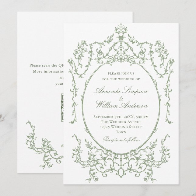 Victorian Ornate Floral Sage Green QR code Wedding Invitation (Front/Back)