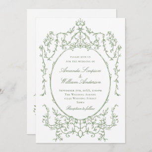Victorian Ornate Floral Sage Green QR code Wedding Invitation