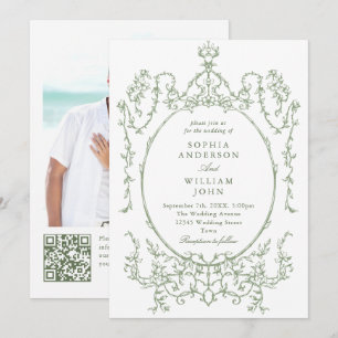Victorian Ornate Floral Sage Green QR code Wedding Invitation