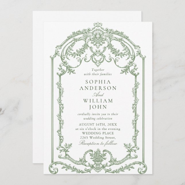 Victorian Ornate Floral Sage Green Wedding QR code Invitation (Front/Back)
