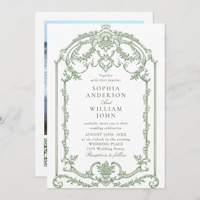 Victorian Ornate Floral Sage Green Wedding QR code Invitation (Front/Back)