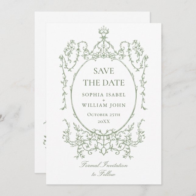 Victorian Ornate Floral Sage Green Wedding QR code Save The Date (Front/Back)