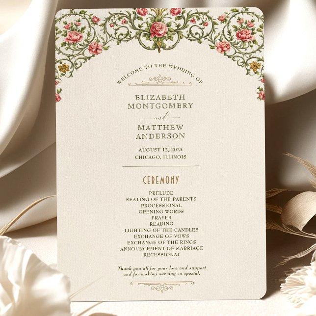Victorian Ornate Gold Arch & Pink Roses Program Invitation (Creator Uploaded)