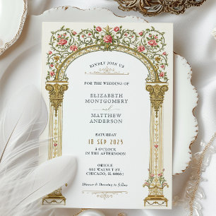 Victorian Ornate Gold Arch & Pink Roses Wedding Invitation