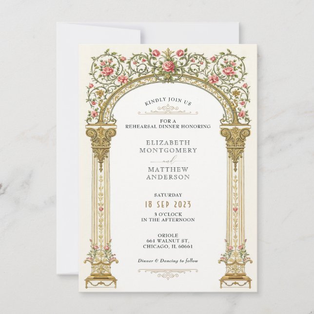 Victorian Ornate Gold Rehearsal Dinner Invitation (Front)