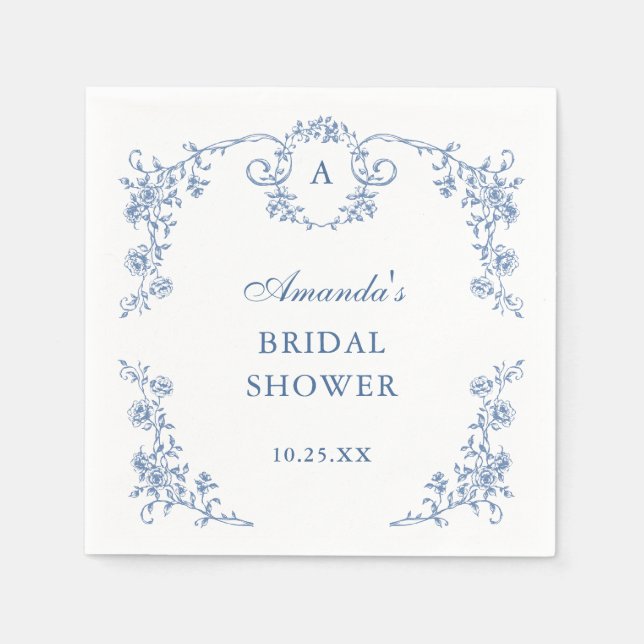 Victorian Ornate Grace Blue Floral Bridal Shower Napkin (Front)
