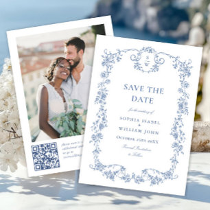 Victorian Ornate Grace Blue Floral QR code Wedding Save The Date