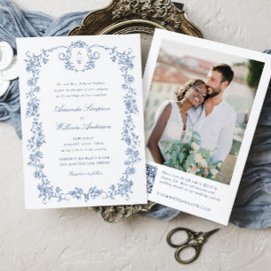 Victorian Ornate Grace Blue Floral Wedding QR code Invitation