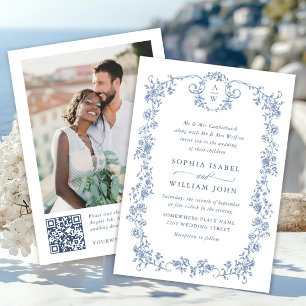 Victorian Ornate Grace Blue Floral Wedding QR code Invitation