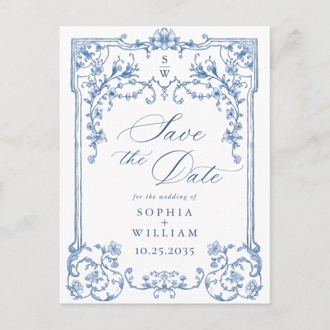 Victorian Ornate Grace Blue Wedding Save The Date Postcard (Front)